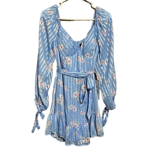 B DARLIN Womens Blue Lined Belted Padded Long Sleeve Short Dress 3/4 NWT - Picture 5 of 16